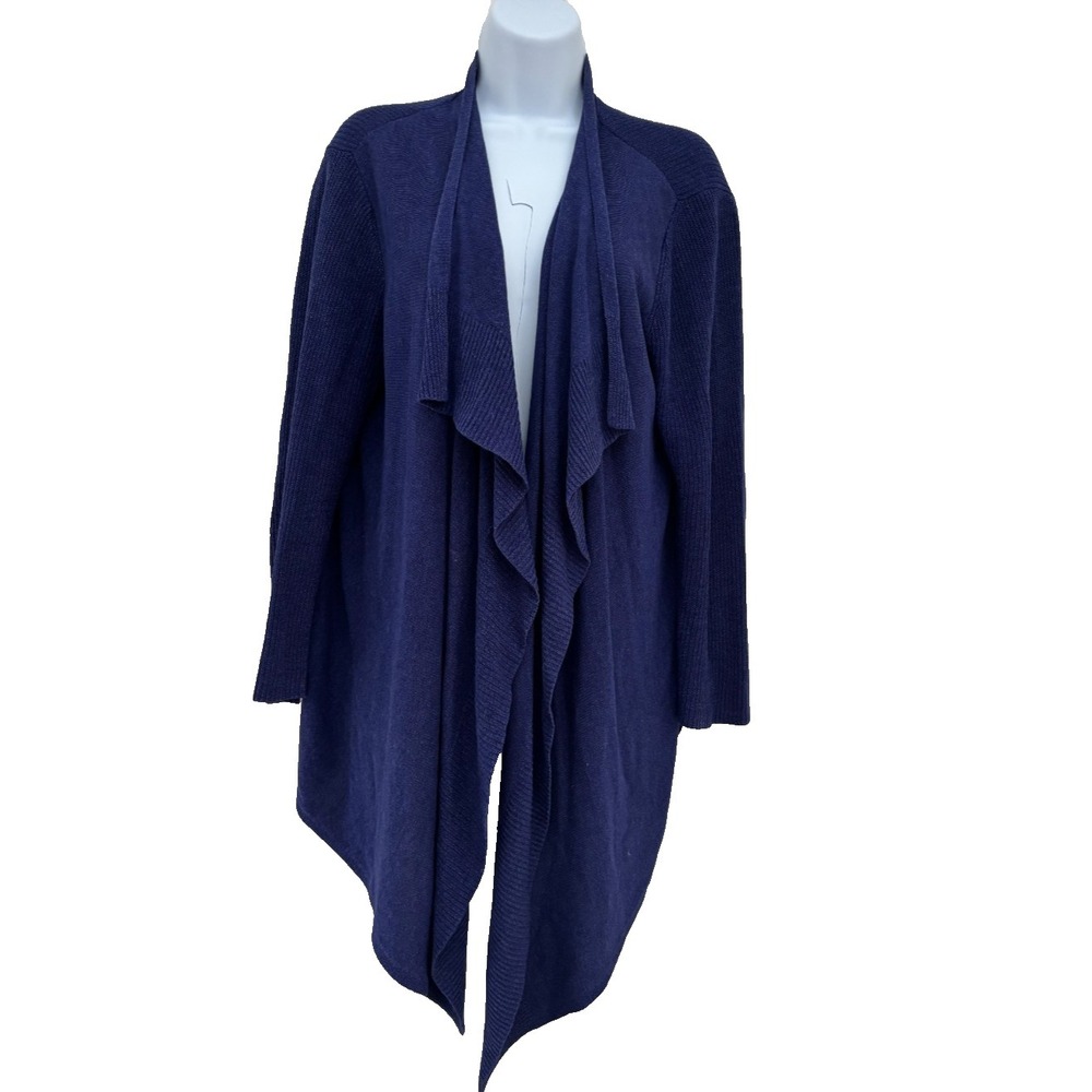 Eileen Fisher Cardigan Sweater Large Blue Nautical Silk Blend Minimalist Luxury